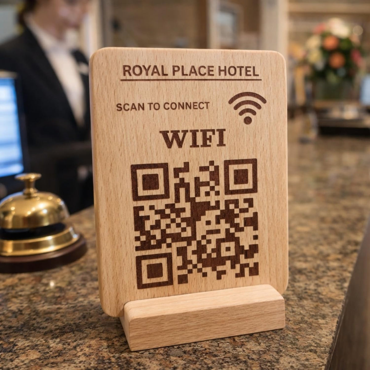 Customised Wooden QR Code Sign with Stand for Cafes