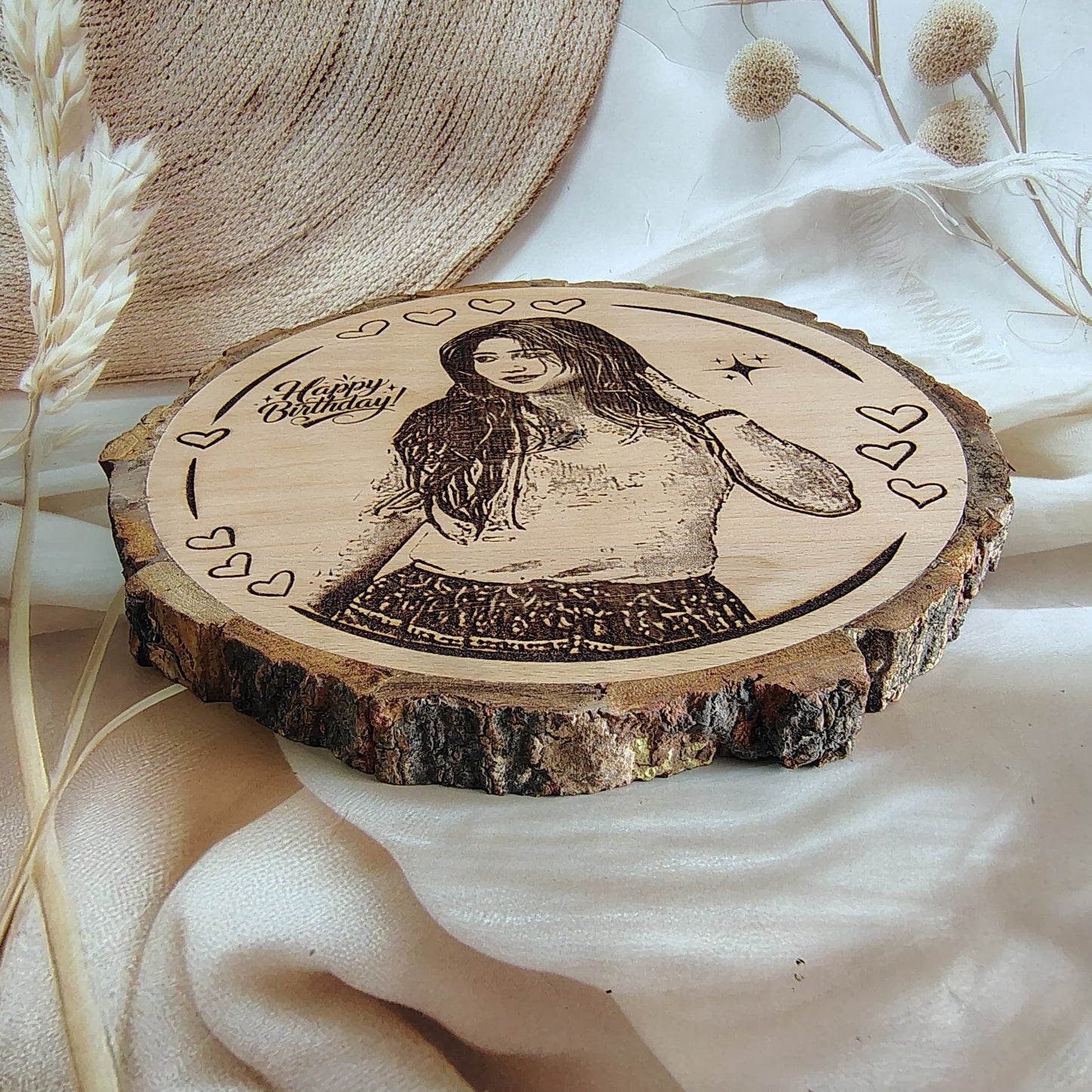 Personalized  Engraved Round Wooden Slice Customised Photo Frame For Birthday