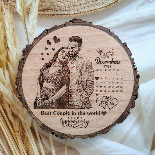 Customised Engraved Round Wooden Slice Photo Frame