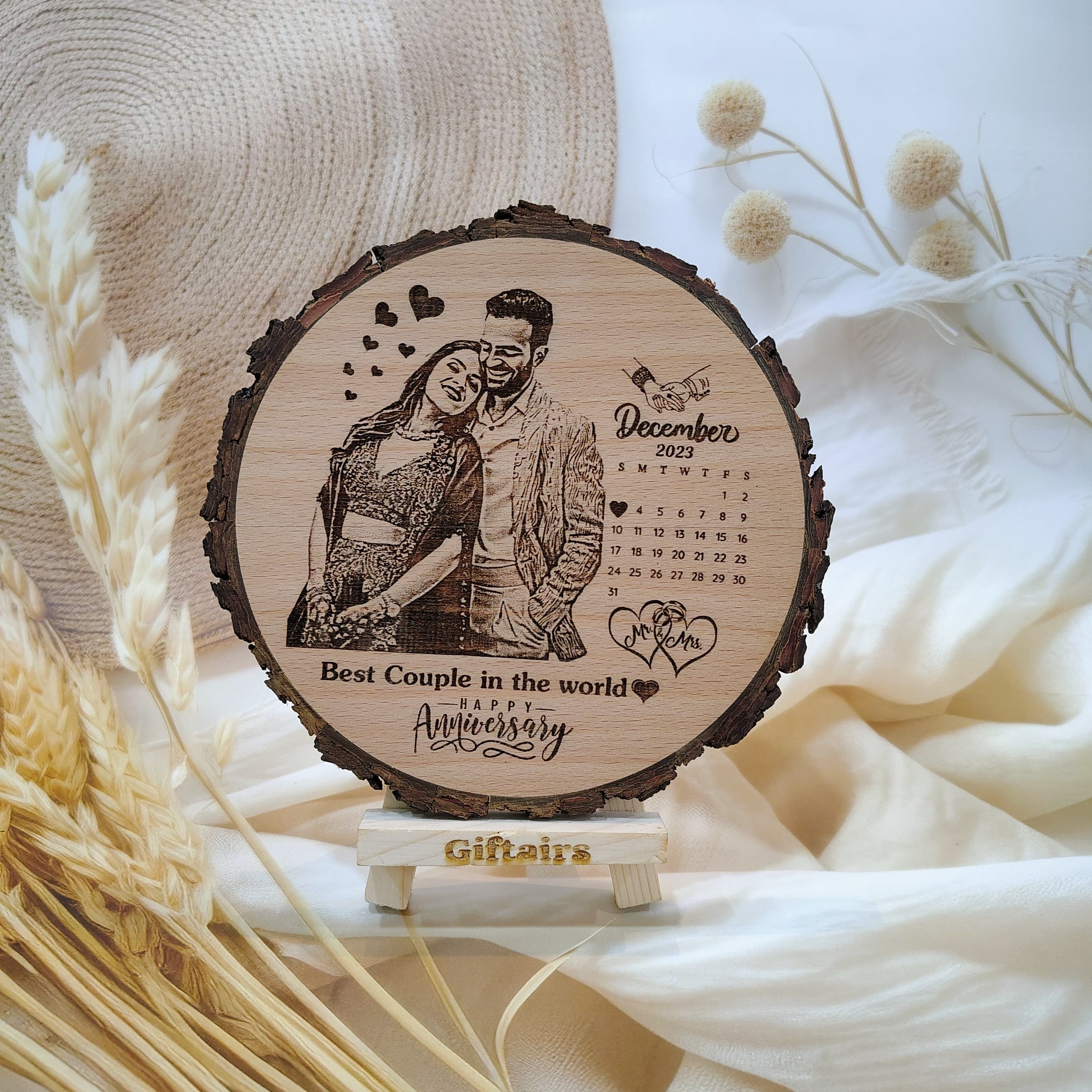 Customised Engraved Round Wooden Slice Photo Frame