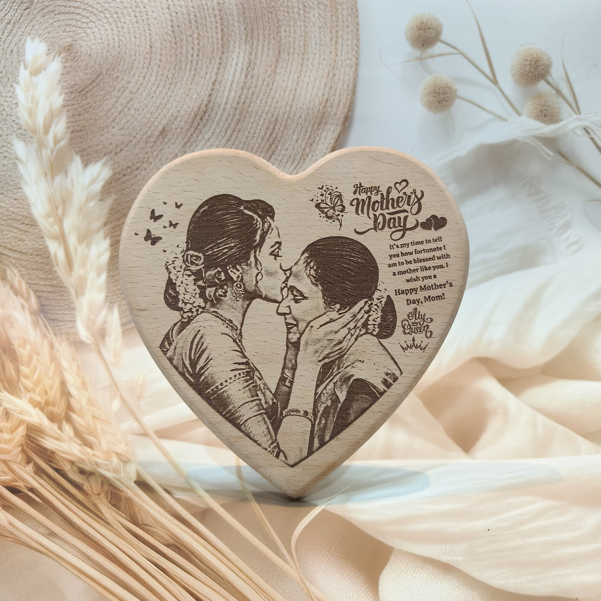 Personalized Engraved Wooden Heart Plaque for Mom
