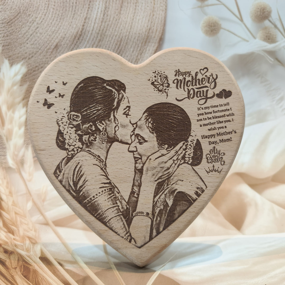 Personalized Engraved Wooden Heart Plaque for Mom