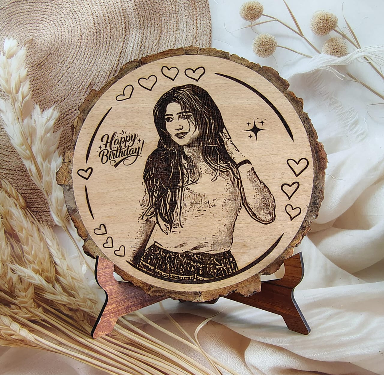 Personalized  Engraved Round Wooden Slice Customised Photo Frame For Birthday