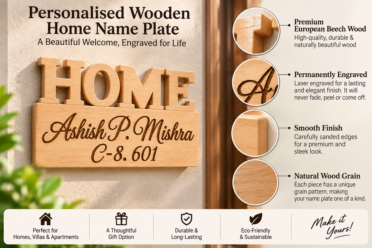 Giftairs Custom Wooden Home Name Plate | Personalised European Beech Wood Door Sign | Permanent Laser Engraved Name Plate for Home, Villa & Apartment ( 10 x 6 inch )